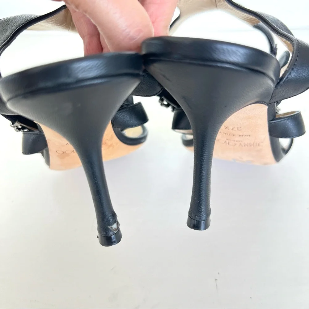 JIMMY CHOO x Ashley Williams Black Leather Crystal 100% Heel Sandals Sz 37.5